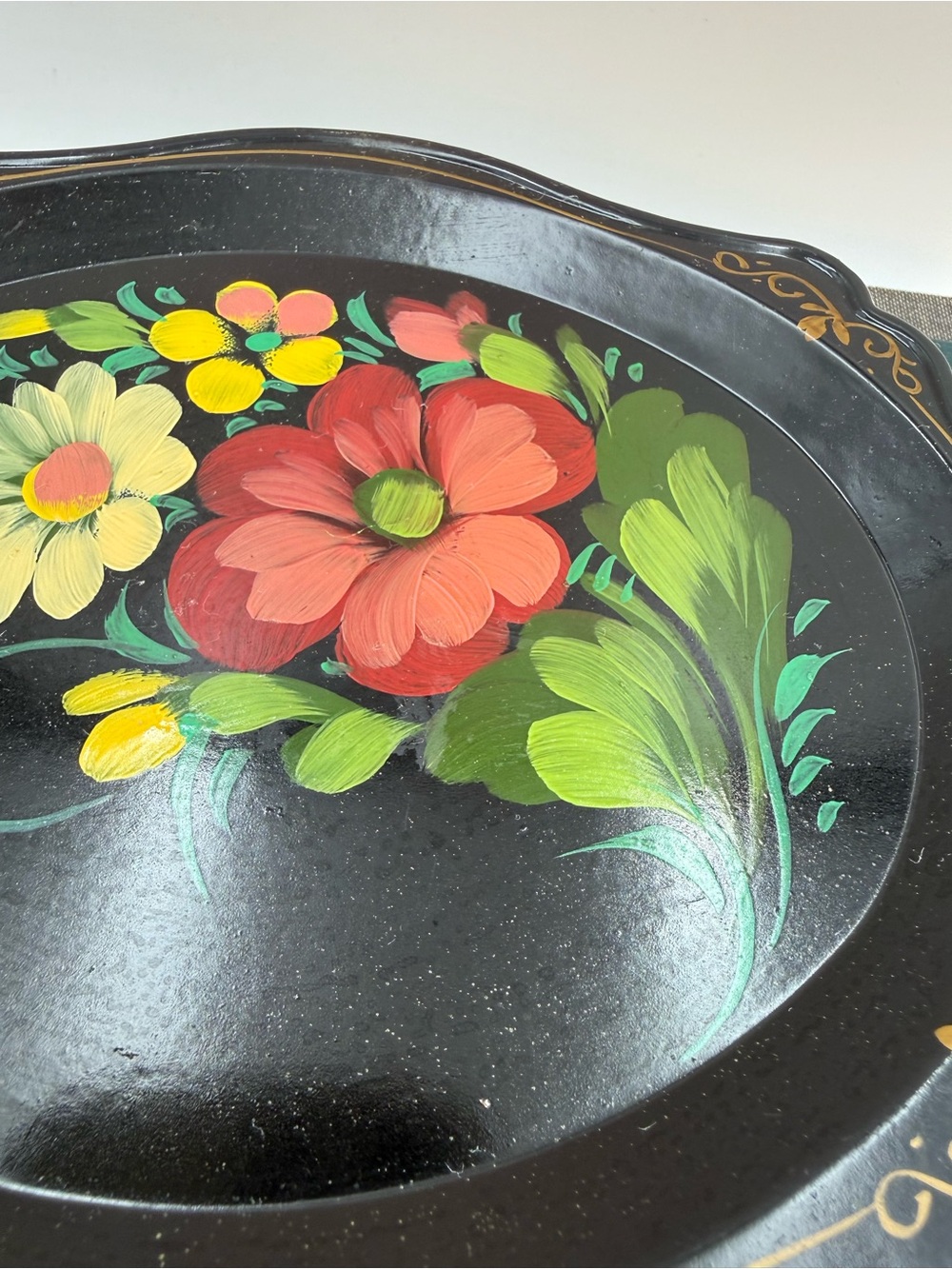 Vintage Russian Hand Painted Floral Flowers Toleware Black Serving Tray 7x6 - Picture 6 of 11